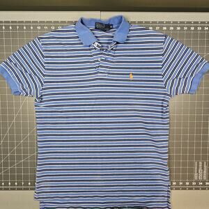Polo Ralph Lauren Shirt Medium Blue Striped Cotton Golf Preppy Academia Retro